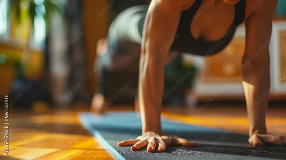 Fototapeta premium Woman Doing Plank Exercise on Yoga Mat at Home