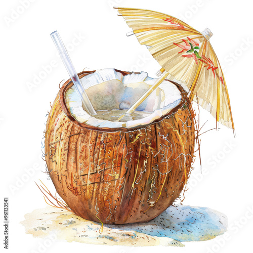 A refreshing coconut drink served with a straw and a decorative umbrella, perfect for tropical vibes and summer relaxation.