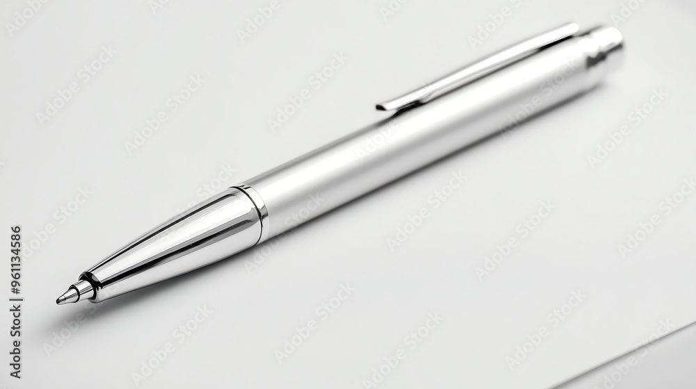 A silver pen lying on a white surface, ready to write. A silver pen lying on a white surface, ready to write.