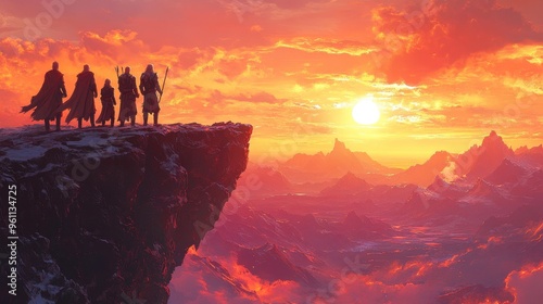 Heroes standing on a cliff as the sun sets, overlooking a world filled with revived legends and timeless myths