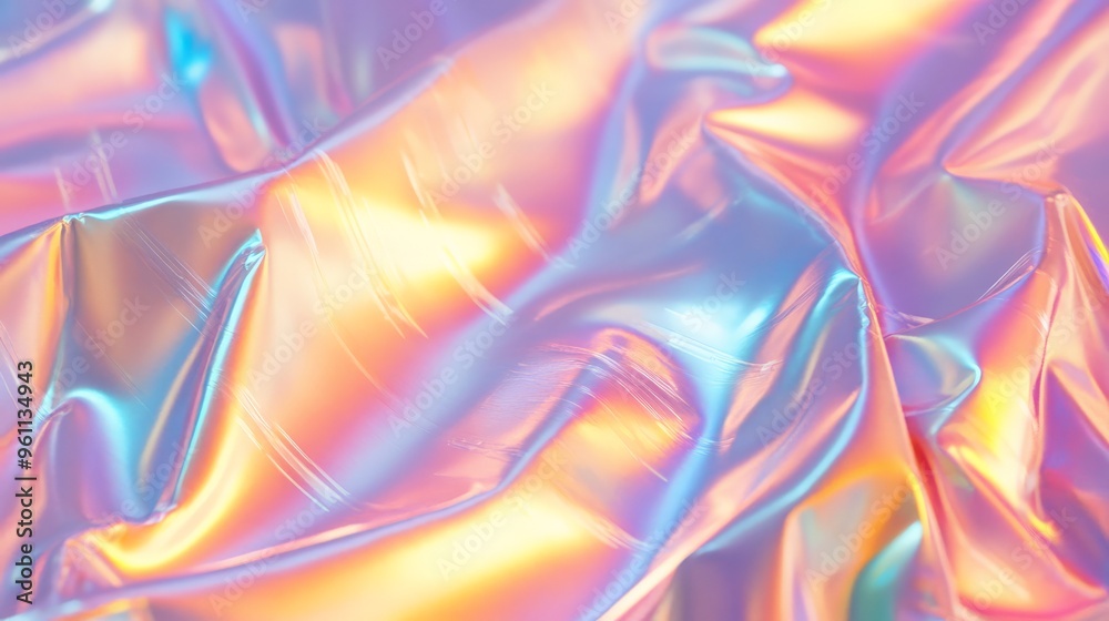 Naklejka premium Abstract colorful holographic iridescent texture background with wrinkled shiny foil, capturing light in dynamic and vibrant ways.