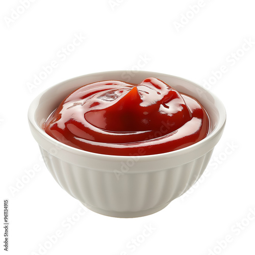 Delicious red ketchup in a white bowl for dipping and seasoning