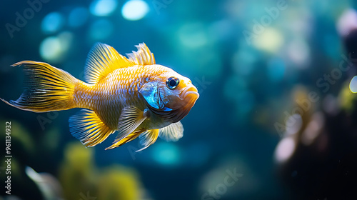 A decorative river pond featuring vibrant orange koi fish swimming beneath the clear water. This aquarium scene highlights the beauty of Asian Japanese wildlife, showcasing a colorful, natural landsca photo