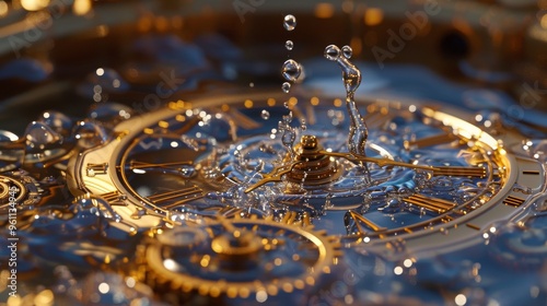 Wallpaper Mural Close-up of a gold clock mechanism submerged in water, with droplets and splashes accentuating the intricate details. The contrast between the luxurious gold and the fluid water creates a visually Torontodigital.ca