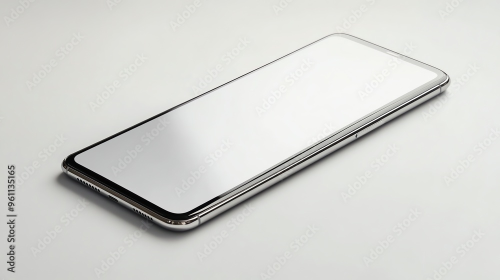 A silver smartphone with a blank screen lying on a white surface. A silver smartphone with a blank screen lying on a white surface.