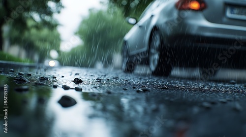 Car driving on a inundated road covered with rainwater. Concept of flooding, rainfall.