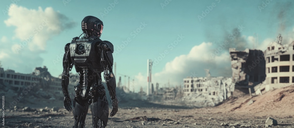 Cyborg in a post apocalyptic scenario facing uncertainty rendered in 3D illustration Cyborg in a post apocalyptic scenario facing uncertainty rendered in 3D illustration
