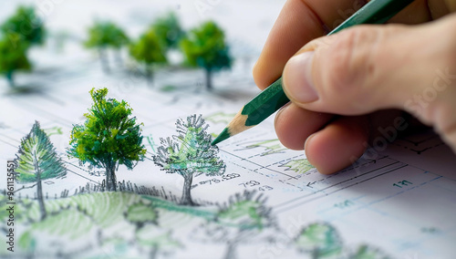 An illustration of forest and urban landscape design plan with green trees, graph on white paper with pencil photo