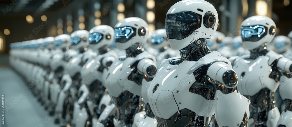 Close up view of numerous industrial humanoid robots with glass visors arranged in rows within a spacious storage facility A significant display of AI powered humanoid robots in formation Close up view of numerous industrial humanoid robots with glass visors arranged in rows within a spacious storage facility A significant display of AI powered humanoid robots in formation