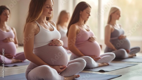 Pregnant women practicing prenatal yoga in calm room photo