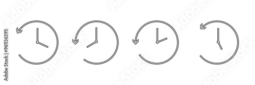 Rewind time. Clock with reverse arrow, linear style icon. Clock showing time with a reverse arrow indicating backward or previous time. Editable stroke width.