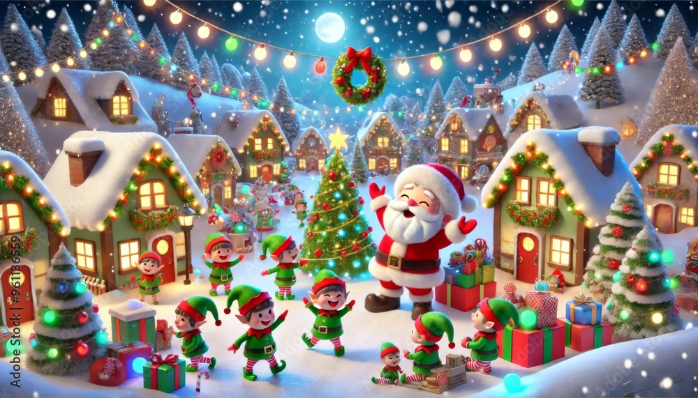 Santa Claus with a sack of presents surrounded by cheerful elves in a snowy Christmas village. Decorated trees, festive lights, and snow falling in the background. Santa Claus with a sack of presents surrounded by cheerful elves in a snowy Christmas village. Decorated trees, festive lights, and snow falling in the background.