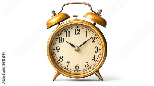 Vintage gold alarm clock isolated on a white background.