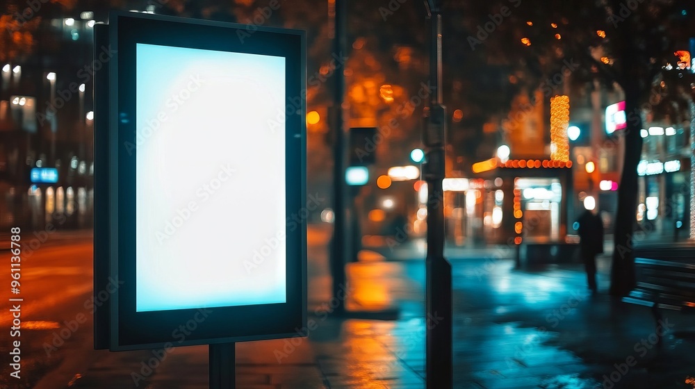 Blank white vertical digital billboard poster on city street bus stop sign at night. Street advertising bus stop mockup Blank white vertical digital billboard poster on city street bus stop sign at night. Street advertising bus stop mockup