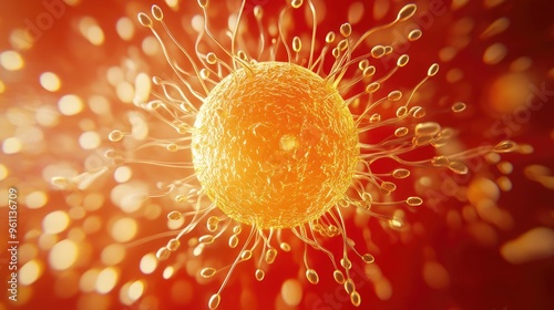 3D rendering of a yellow gold female ovum surrounded by male sperm on a vibrant red orange background photo