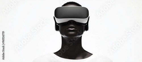 Person wearing virtual reality goggles against a clean white backdrop photo