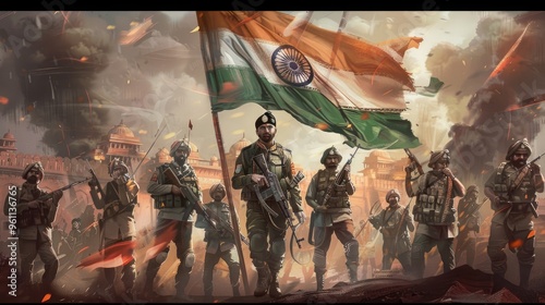 A cinematic shot of soldiers with the flag and weapons, showcasing strength and unity in front of the Indian flag flying high above them.