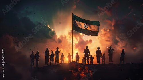 A cinematic shot of soldiers with the flag and weapons, showcasing strength and unity in front of the Indian flag flying high above them.