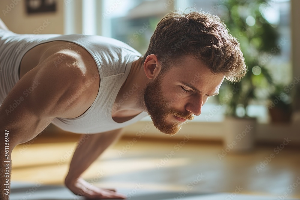 Fototapeta premium Man practicing push-ups with focus and determination