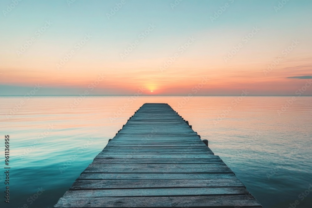 A tranquil wooden pier extends over calm waters at sunset. Soft pastel skies and a serene atmosphere create a peaceful scene for relaxation and reflection. Generative AI A tranquil wooden pier extends over calm waters at sunset. Soft pastel skies and a serene atmosphere create a peaceful scene for relaxation and reflection. Generative AI