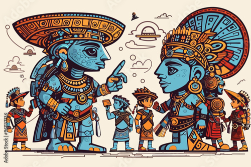 Aztecs interaction whith aliens illustration