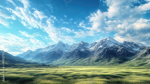 Majestic mountains and grasslands under a vibrant blue sky showcasing the natural beauty of a serene landscape