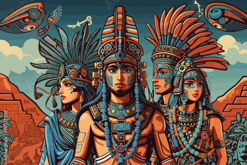 Aztecs interaction whith aliens illustration