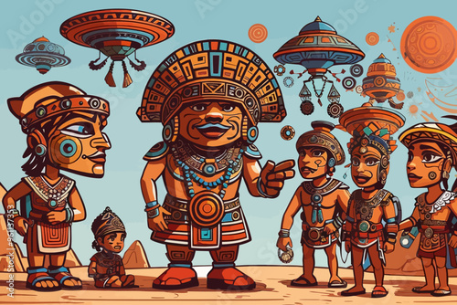 Aztecs interaction whith aliens illustration