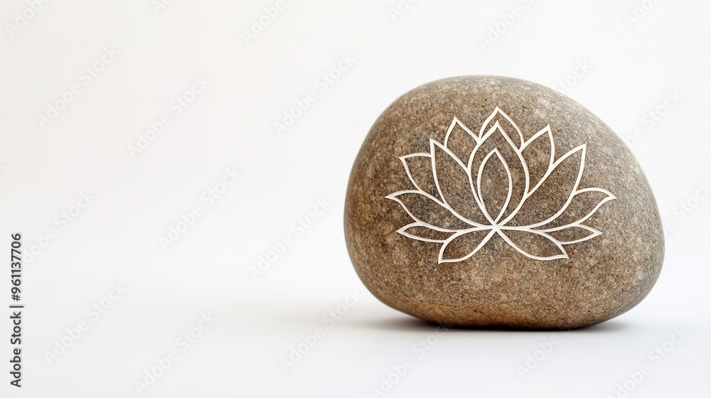 Stone with white lotus symbol on light background Stone with white lotus symbol on light background