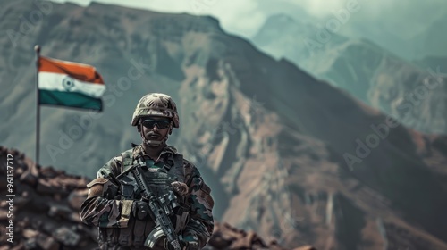 A photo of a soldier in front, wearing camouflage and holding a weapon with the flag of India flying behind him. The background is mountains.