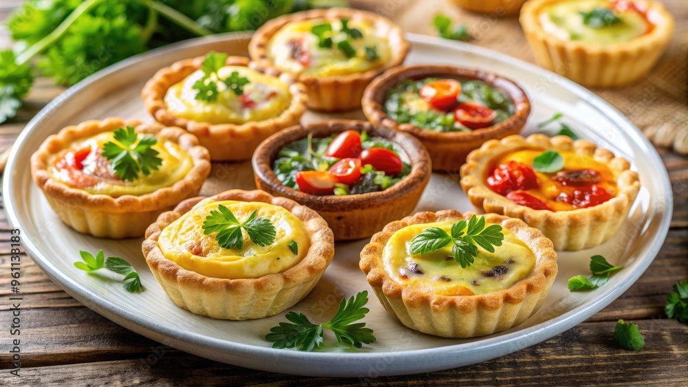 Assorted mini quiches perfect for a charming appetizer spread, mini quiche, savory, individual, assorted, selection Assorted mini quiches perfect for a charming appetizer spread, mini quiche, savory, individual, assorted, selection
