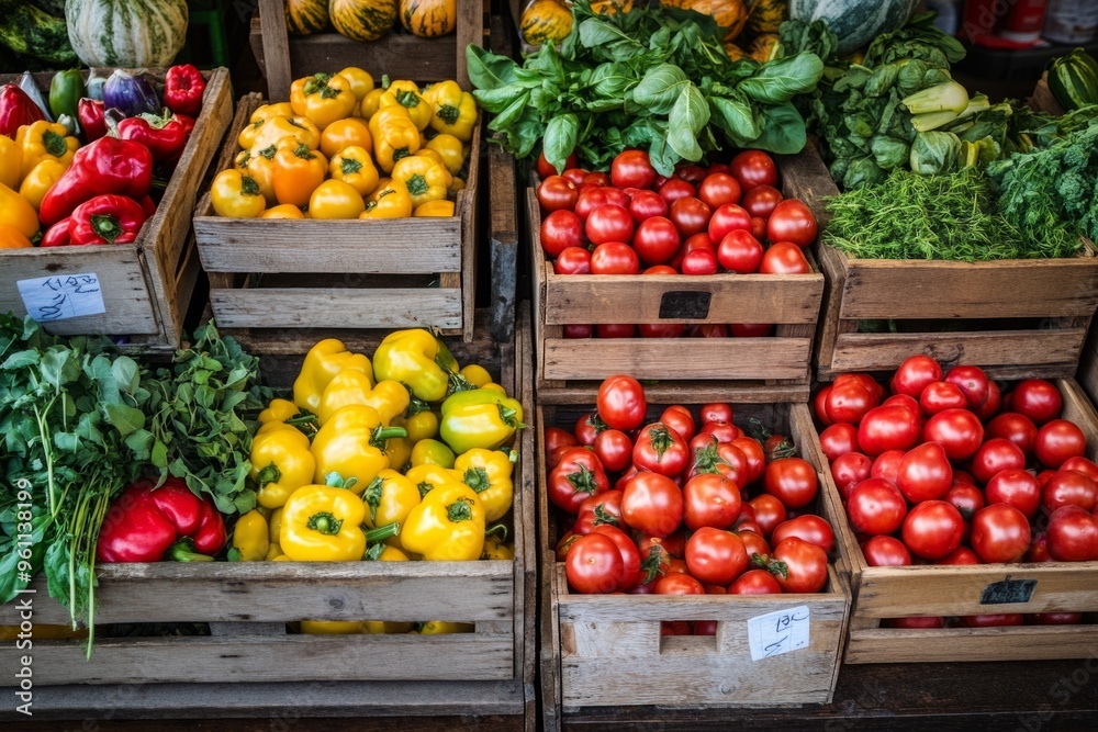 Colorful fresh vegetables displayed in wooden crates. A vibrant market scene full of life. Perfect for food lovers, chefs, and healthy living enthusiasts. Generative AI Colorful fresh vegetables displayed in wooden crates. A vibrant market scene full of life. Perfect for food lovers, chefs, and healthy living enthusiasts. Generative AI