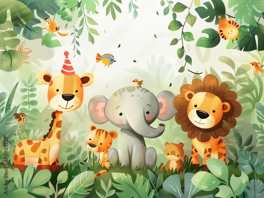 Naklejka premium Cute cartoon animals in a jungle setting.