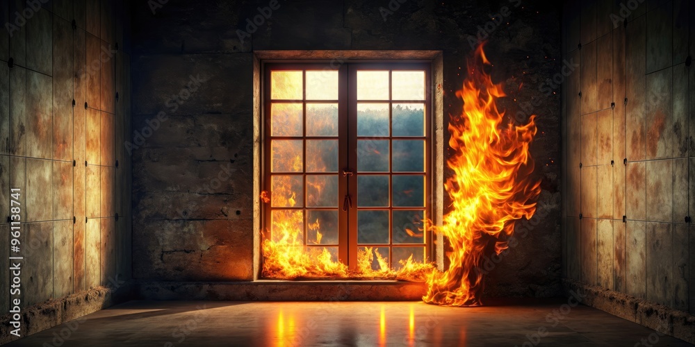 Fire glowing in the window of a dark room, fire, window, glow, flame, dark, room, heat, danger, safety, emergency, burning Fire glowing in the window of a dark room, fire, window, glow, flame, dark, room, heat, danger, safety, emergency, burning