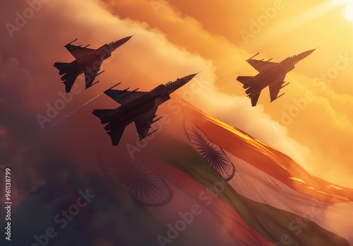 A silhouette of fighter jets flying over the Indian national flag during sunrise.