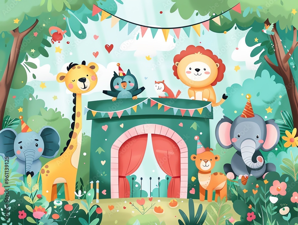 Obraz premium Cute cartoon animals celebrating a birthday with festive decorations.