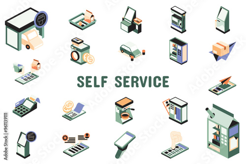 Self Service Flat Vector Illustration Icon Sticker Set Design Materials