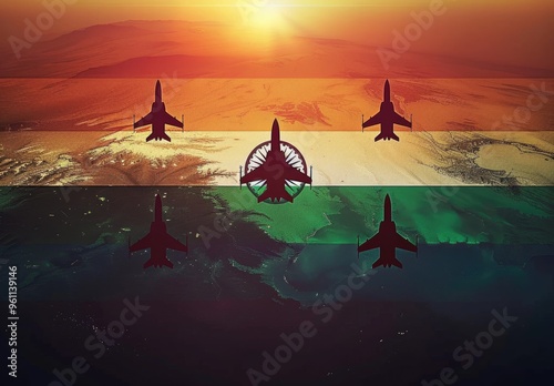 A silhouette of fighter jets flying over the national flag during sunrise.