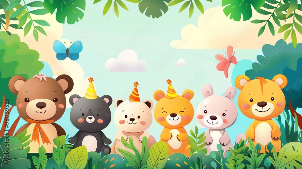 Naklejka premium Cute cartoon animals wearing party hats in a jungle setting.