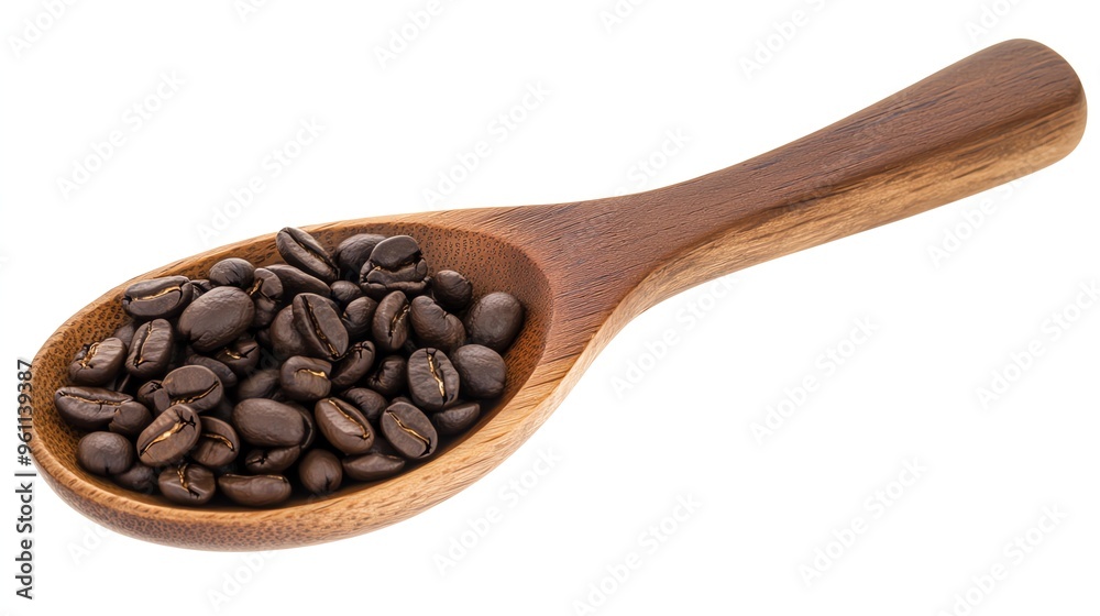 Fototapeta premium Close-up of roasted coffee beans in a wooden spoon.