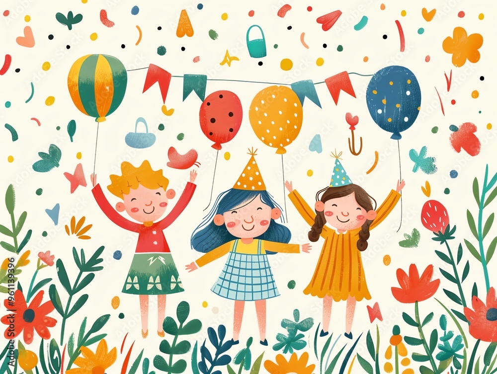 Three happy children celebrate with balloons and confetti. Three happy children celebrate with balloons and confetti.