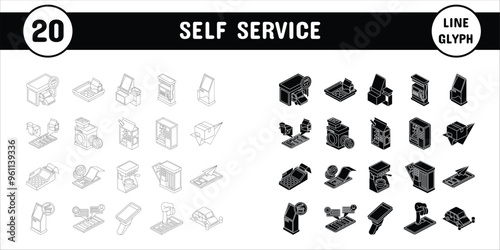 Self Service Line Glyph Vector Illustration Icon Sticker Set Design Materials