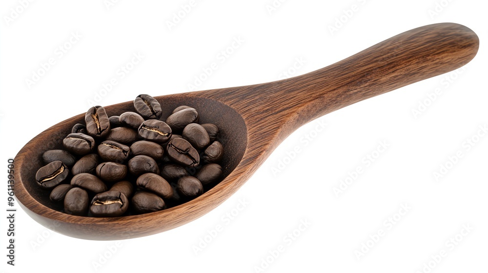 Fototapeta premium A wooden spoon filled with roasted coffee beans isolated on a white background.