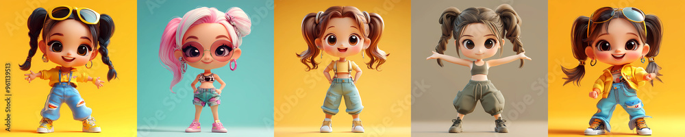 Set of chibi smiling cute fashion Girls Cartoon, generated ai Set of chibi smiling cute fashion Girls Cartoon, generated ai