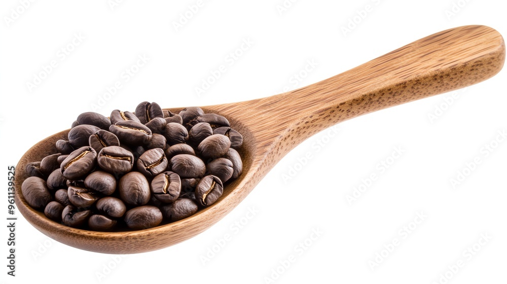 Fototapeta premium Wooden spoon filled with roasted coffee beans.