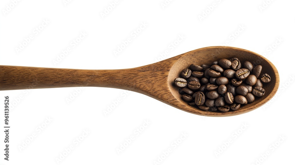 Obraz premium Close-up of roasted coffee beans in a wooden spoon.