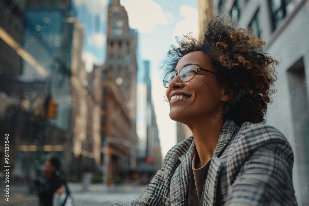 confident, smiling woman standing in an urban environment, enjoying the cityscape. Perfect for empowerment, city life, and personal growth themes confident, smiling woman standing in an urban environment, enjoying the cityscape. Perfect for empowerment, city life, and personal growth themes
