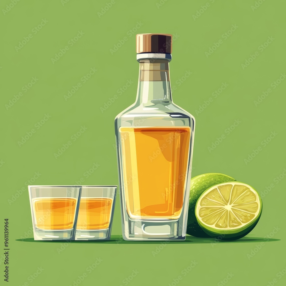 A bottle of tequila and limes on the table A bottle of tequila and limes on the table