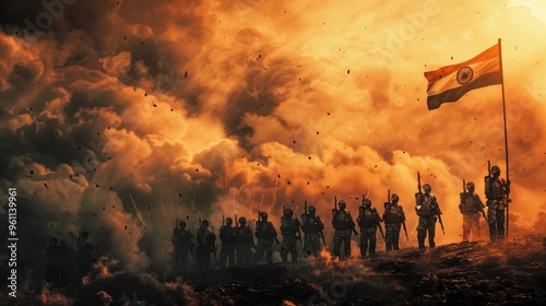 A cinematic shot of soldiers with the flag and weapons, showcasing strength and unity in front of the Indian flag flying high above them.
