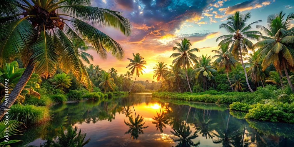 Tropical sunset lagoon jungle with palm trees and exotic vegetation, perfect for a wallpaper or background Tropical sunset lagoon jungle with palm trees and exotic vegetation, perfect for a wallpaper or background